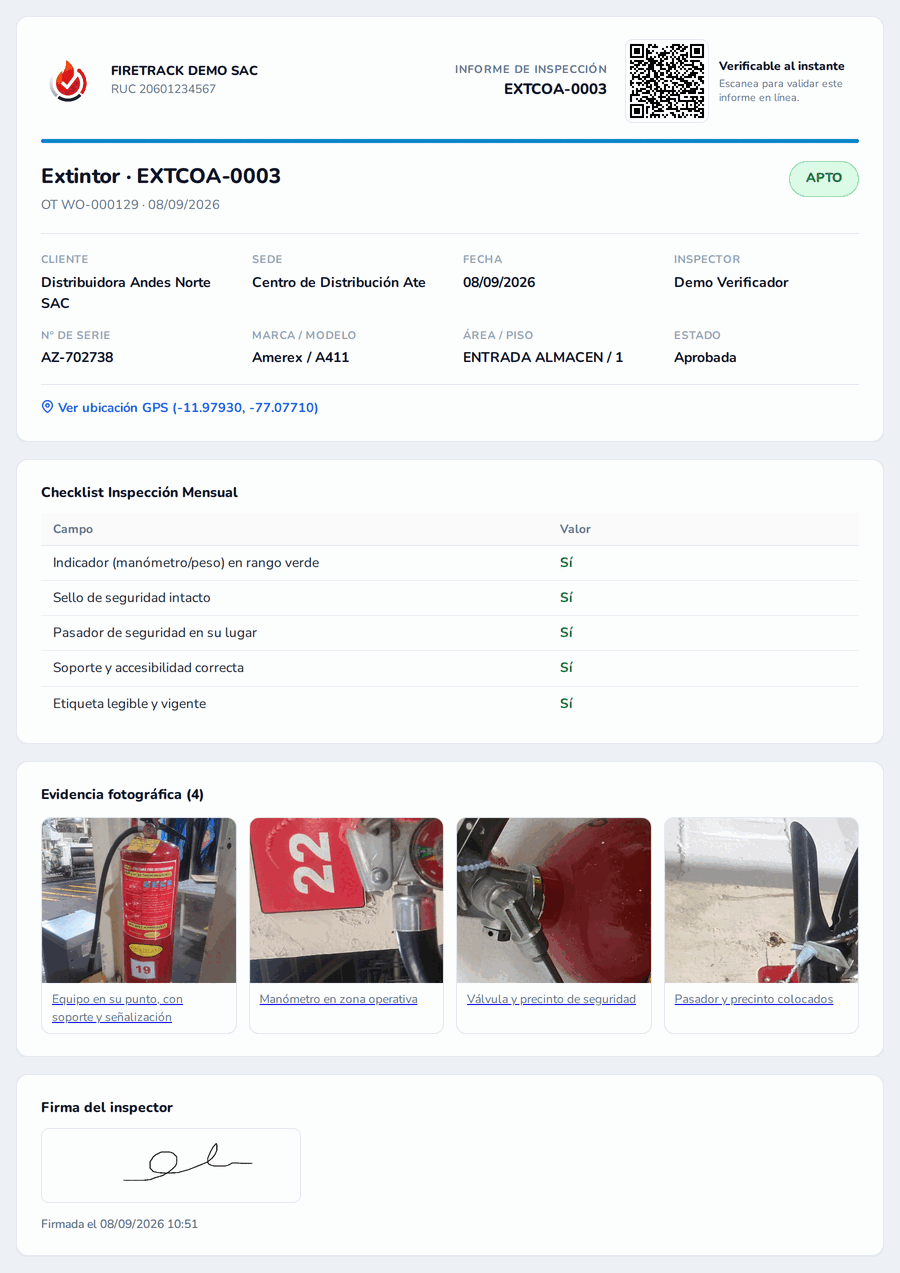 Informe de inspección con QR verificable, checklist, evidencia fotográfica del extintor y firma del inspector.