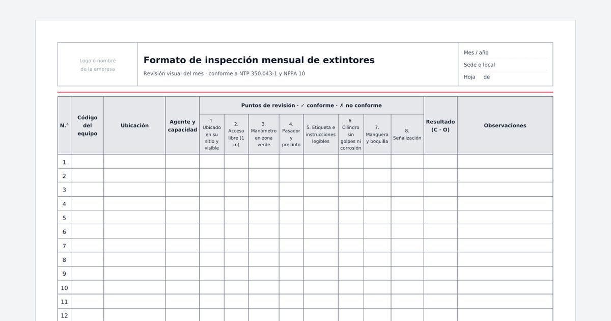 Formato de inspección mensual de extintores