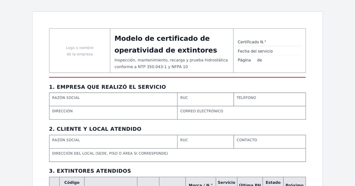 Modelo de certificado de operatividad de extintores