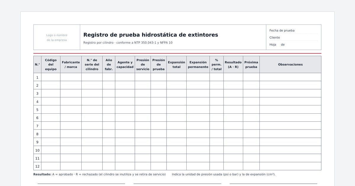 Registro de prueba hidrostática de extintores