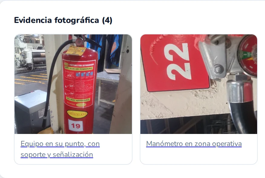 Informe de inspección real: evidencia fotográfica del extintor en su punto y del manómetro