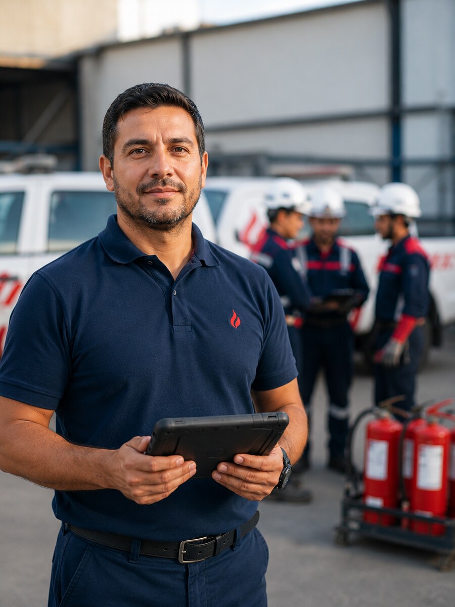 Jefe de operaciones de una empresa de mantenimiento de extintores con tablet, su equipo de técnicos inspectores, camioneta de servicio y extintores detrás