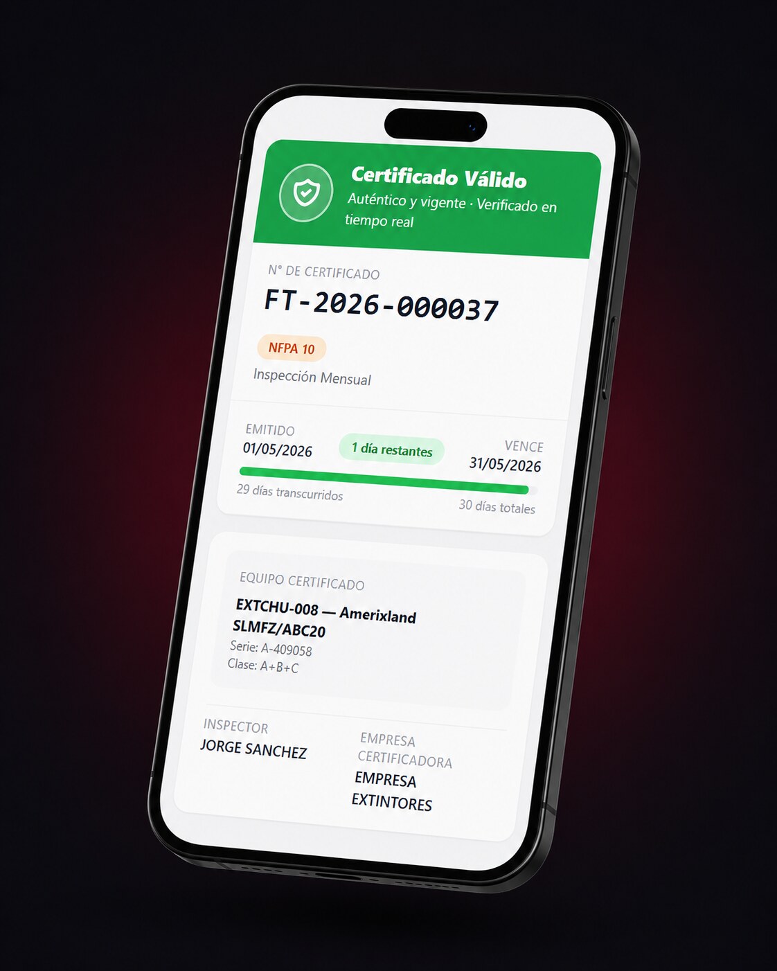 Certificado de inspección de equipo contra incendio con QR verificable en el celular del cliente