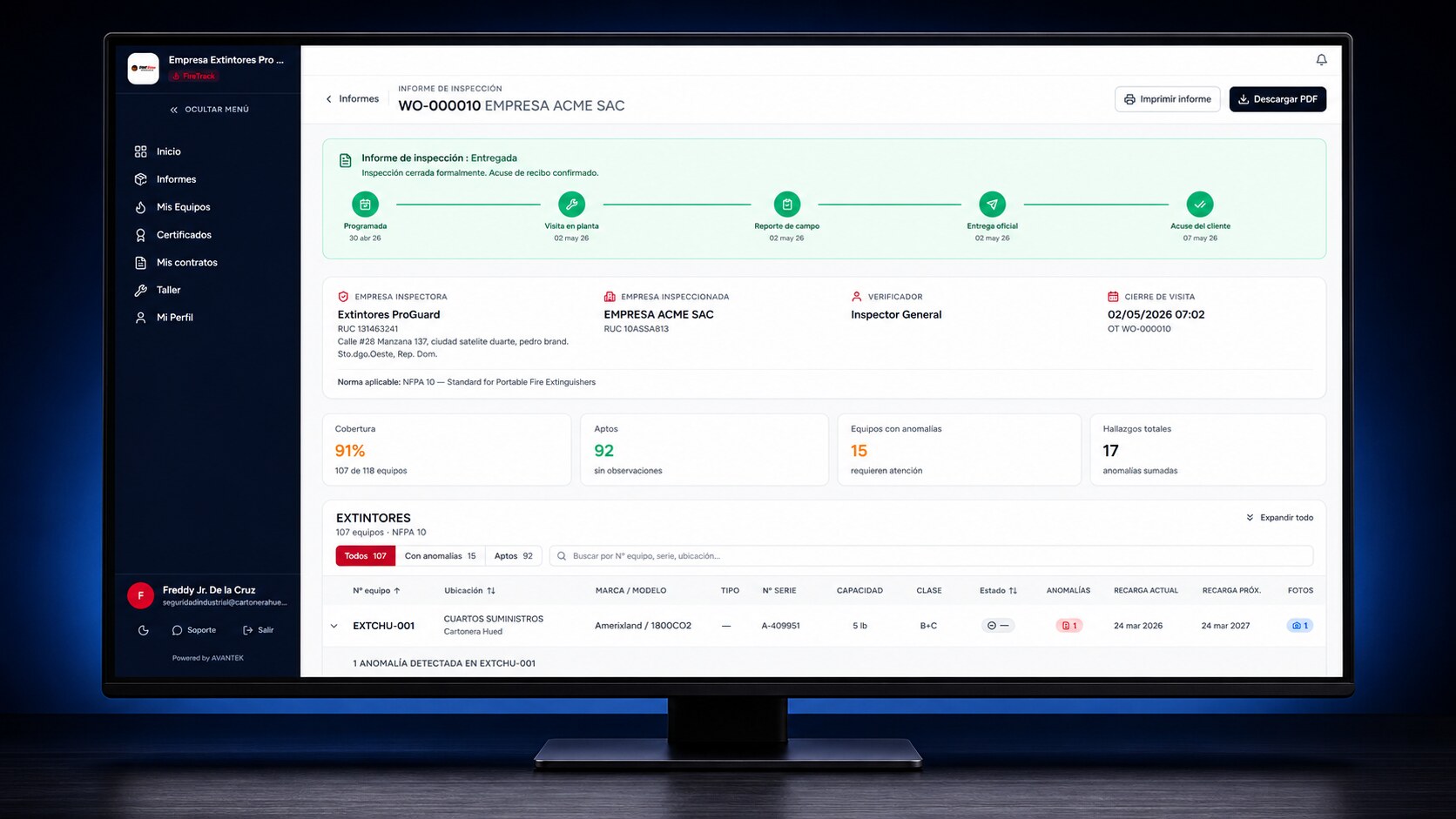 Informe de inspección de FireTrack con historial equipo por equipo conforme a NFPA 10