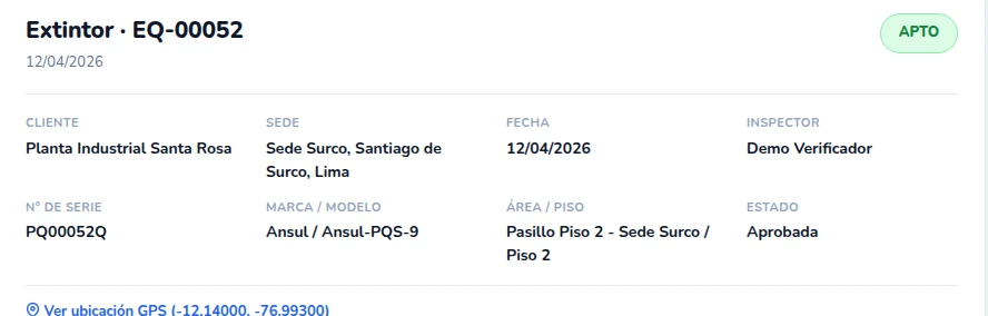 Informe público de inspección del extintor EQ-00052, con resultado apto